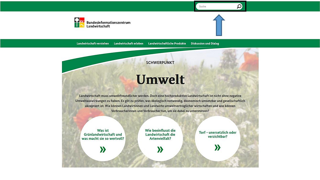 Screenshot der Startseite von landwirtschaft.de mit Hervorhebung der Suche
