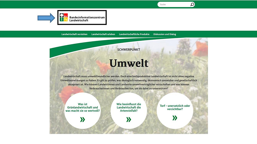 Screenshot der Startseite von landwirtschaft.de mit Hervorhebung des Logos