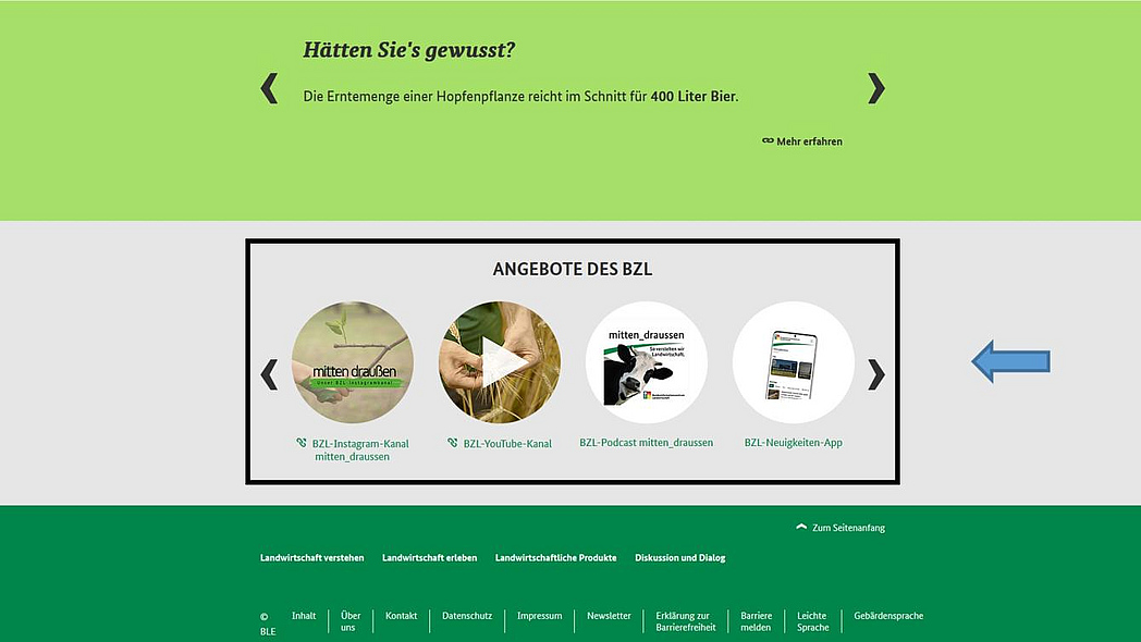 Screenshot der Startseite von landwirtschaft.de mit Hervorhebung der BZL-Angebote