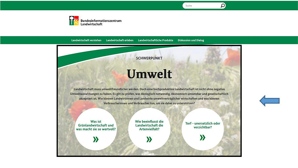 Screenshot der Startseite von landwirtschaft.de mit Hervorhebung der Bühne