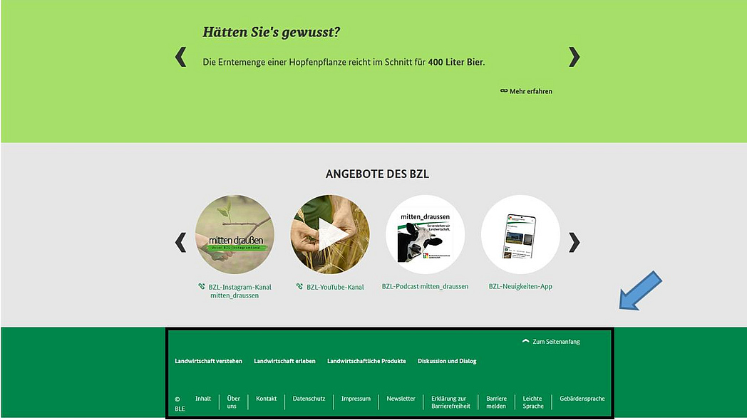 Screenshot der Startseite von landwirtschaft.de mit Hervorhebung der Fußzeile.
