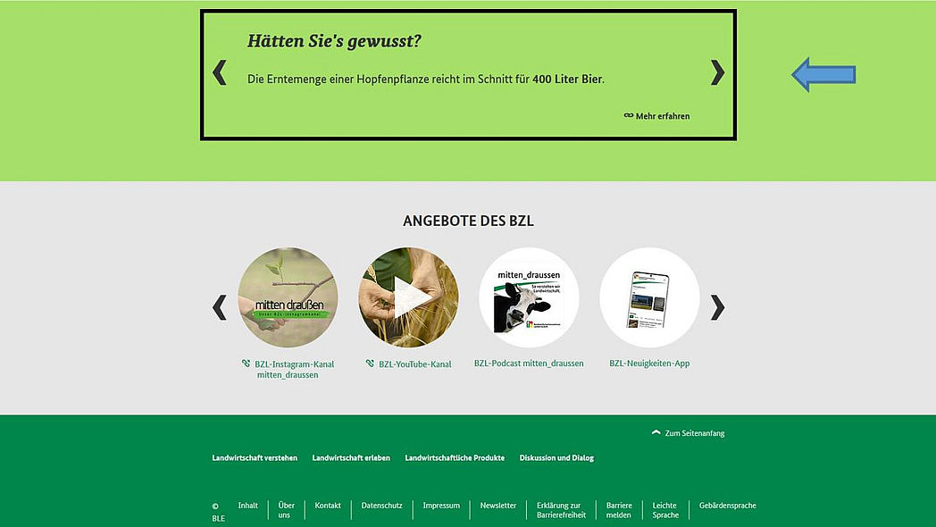 Screenshot der Startseite von landwirtschaft.de mit Hervorhebung der Rubrik "Hätten Sie's gewusst?"