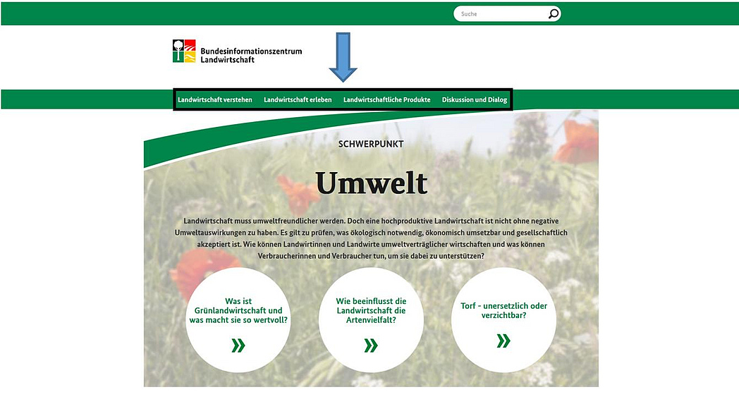 Screenshot der Startseite von landwirtschaft.de mit Hervorhebung der Hauptnavigation