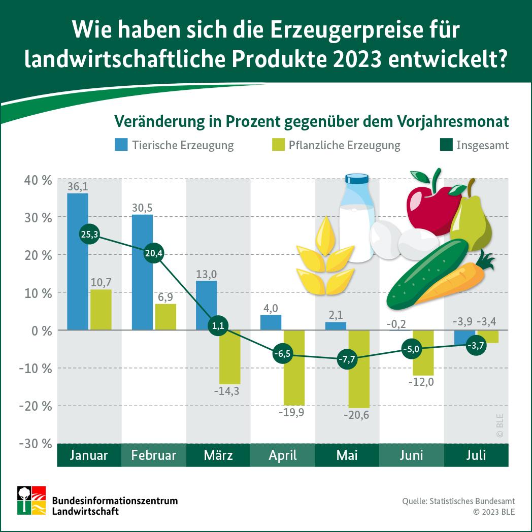 Infografik "Wie haben sich die Erzeugerpreise für Lebensmittel 2023 entwickelt?"