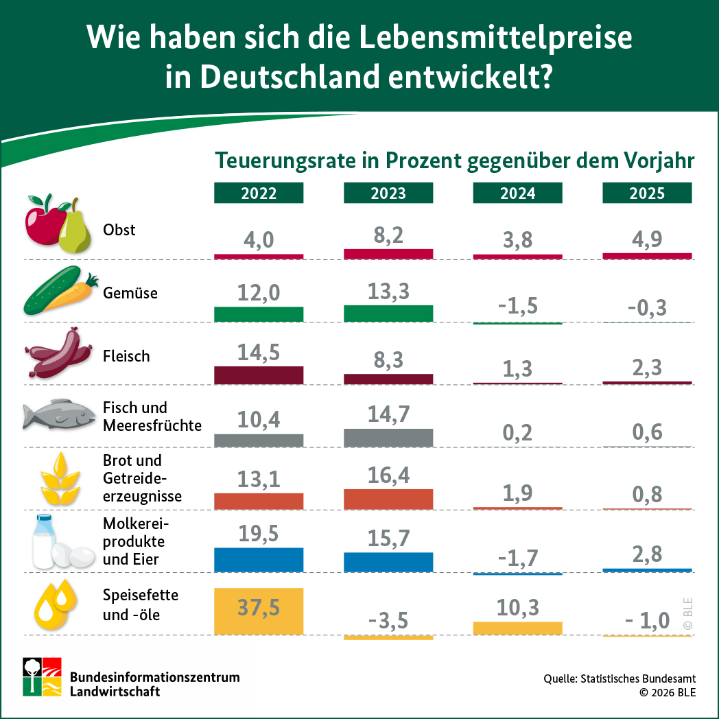 Infografik "Wie haben sich 2023 die Lebensmittelpreise entwickelt?"