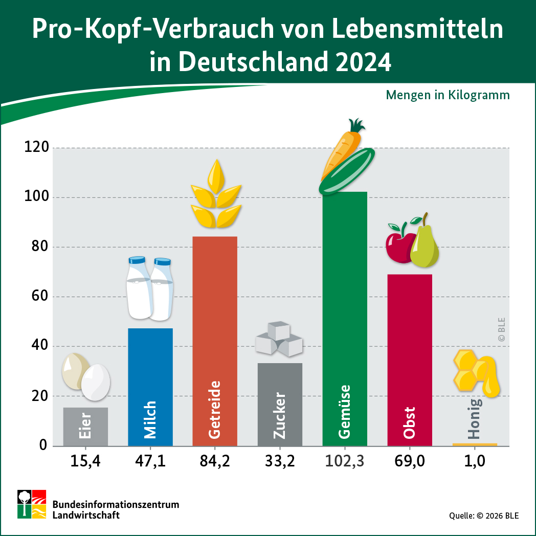 BZL-Infografik: Pro-Kopf-Verbrauch von Lebensmitteln in Deutschland 2023