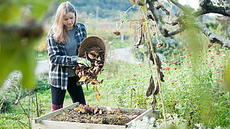 Junge Frau recycelt getrocknete Blätter in den Komposter