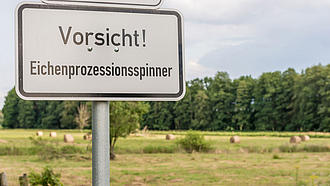 Warnschild mit Aufschrift "Vorsicht! Eichenprozessionsspinner". Im Hintergrund sind Wiesen und Wald zu sehen.