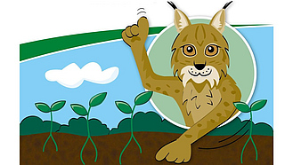 Ein gezeichneter Luchs deutet auf einen Boden, aus dm Pflanzen wachsen.