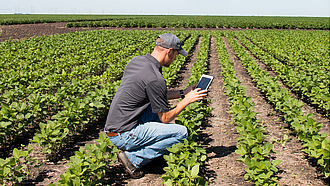 Landwirt kniet im Acker mit Tablet in der Hand