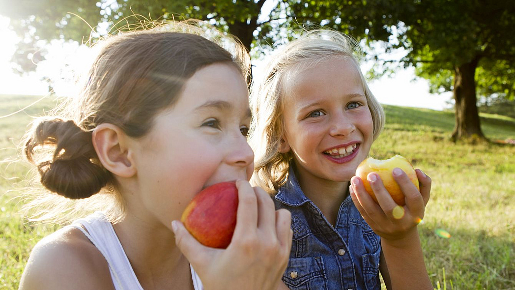 Zwei Kinder lachen und essen Äpfel auf einer Wiese