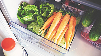 Gemüsefach eines Kühlschranks mit Möhren, Salat und Gurken
