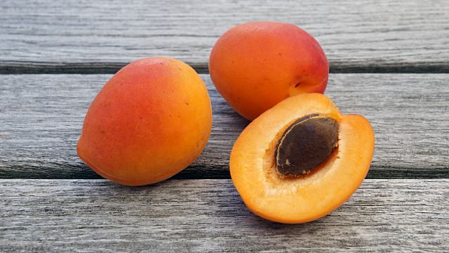 Zwei ganze und eine aufgeschnittene Aprikose der Sorte Farbaly mit orangeroter Haut auf einem Tisch