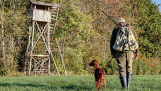 Jäger mit Jagdhund vor einem Hochsitz