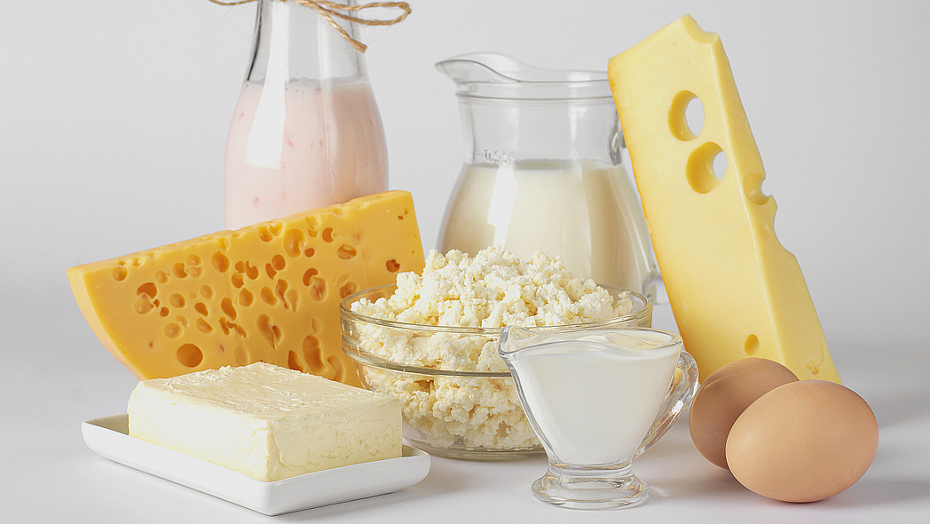 Verschiedene Milchprodukte und Eier vor weißem Hintergrund, darunter Milch, Joghurt, Käse, Butter und Hüttenkäse.