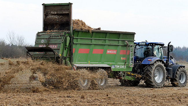 Traktor mit Miststreuer auf einem Acker