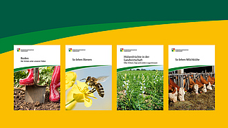 Cover der Pockets "Boden", "So leben Bienen", "Hülsenfrüchte in der Landwirtschaft" und "So leben Milchkühe"