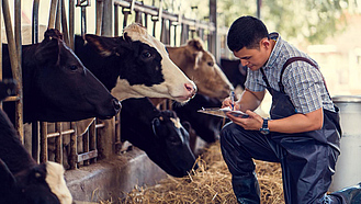 Landwirt kniet vor dem Fressgitter eines Milchviehstalls und macht Notizen auf Papier.