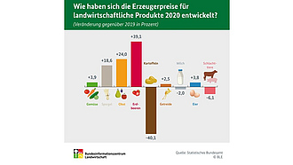 BZL-Infografik: Wie haben sich die Erzeugerpreise für landwirtschaftliche Produkte 2020 entwickelt? (Veränderung gegenüber 2019 in Prozent)