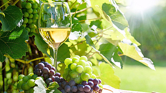 Ein Glas mit Weißwein und frischen Trauben in rot und weiß auf einem Holzteller. Im Hintergrund eine Weinrebe mit grünen Blättern.