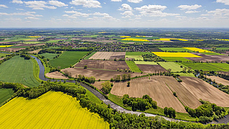 Agrarlandschaft aus der Vogelperspektive. Es gibt viele verschiedene Äcker und Wiesen, dazwischen Wege, Hecken und Dörfer.